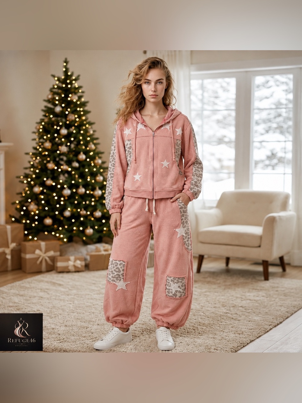 POL NWT Star & Leopard Accent Pink Set Zip Hoodie & Drawstring Waist Joggers